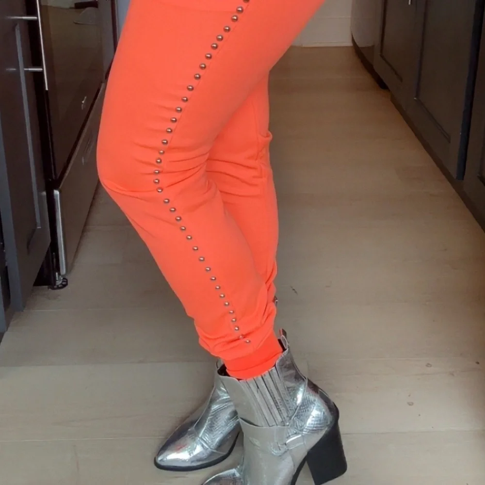 Women's Orange Studded Moto Jogger Set
